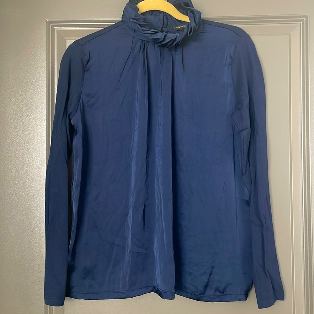 Navy blue silk and cotton long sleeve blouse